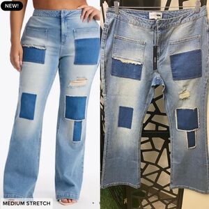Fashion Nova Blue Patchwork Flare Jeans